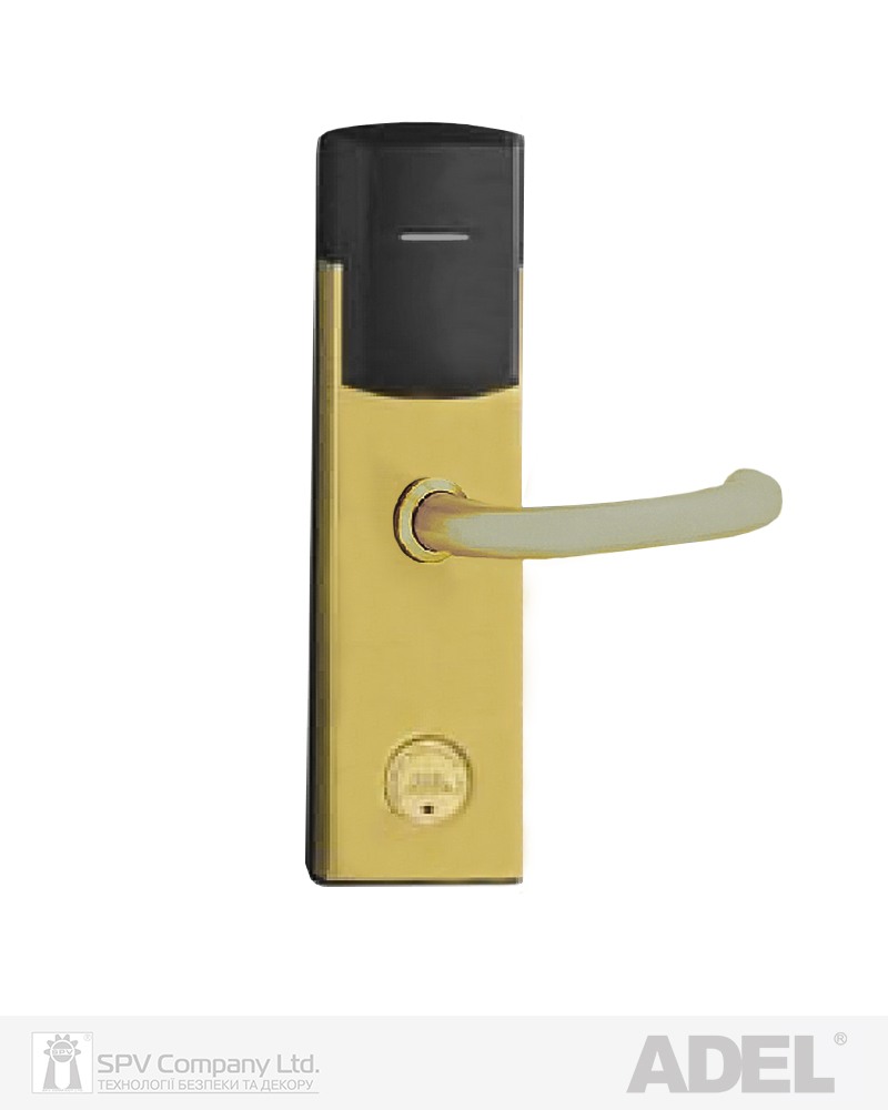 Фото Замок JWM F1-A-RR U-handle MIFARE ADEL   латунь полірована   Mortise-B BS60мм 30 мм GOLD LEFT 38-55 мм   в інтернет-магазині lock.ua