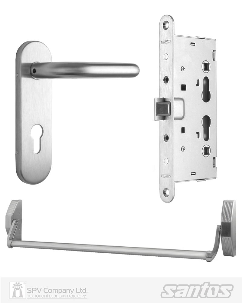 Фото Комплект SANTOS для евакуаційного виходу   1300SS-3 1 Locking     SATIN NICKEL/STAINLESS STEEL 900мм 9x9мм із замком J530-T та ручкою B002SS mov в інтернет-магазині lock.ua